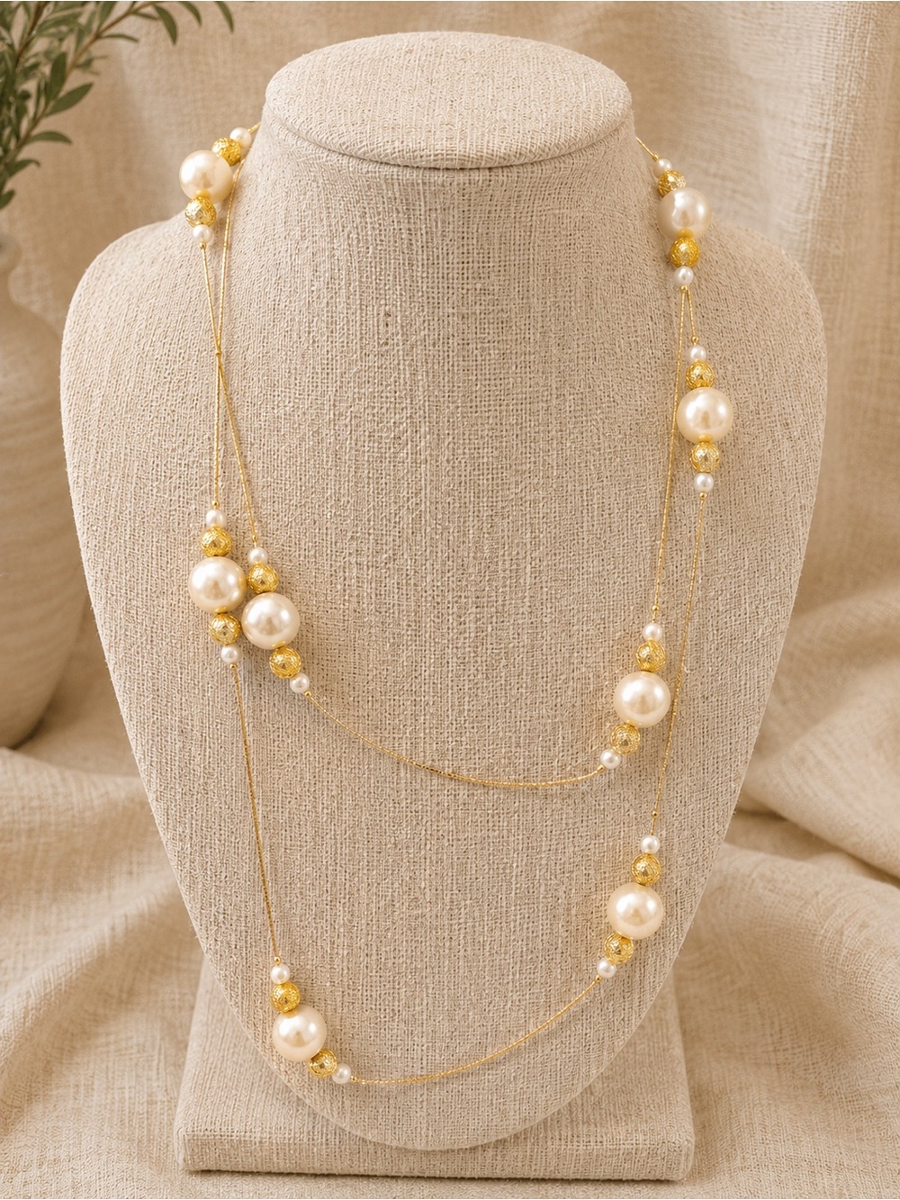 Long Faux Pearl & Gold Bead Layered Necklace | Elegant Vintage Style